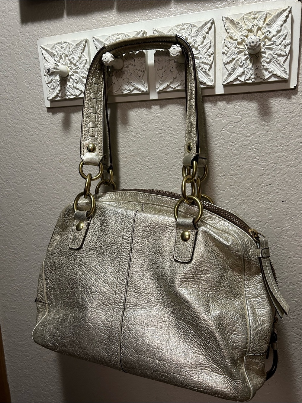 Authentic Coach Metallic Silver Leather Shoulder Bag with Brass Buckle Accents - Picture 8 of 16